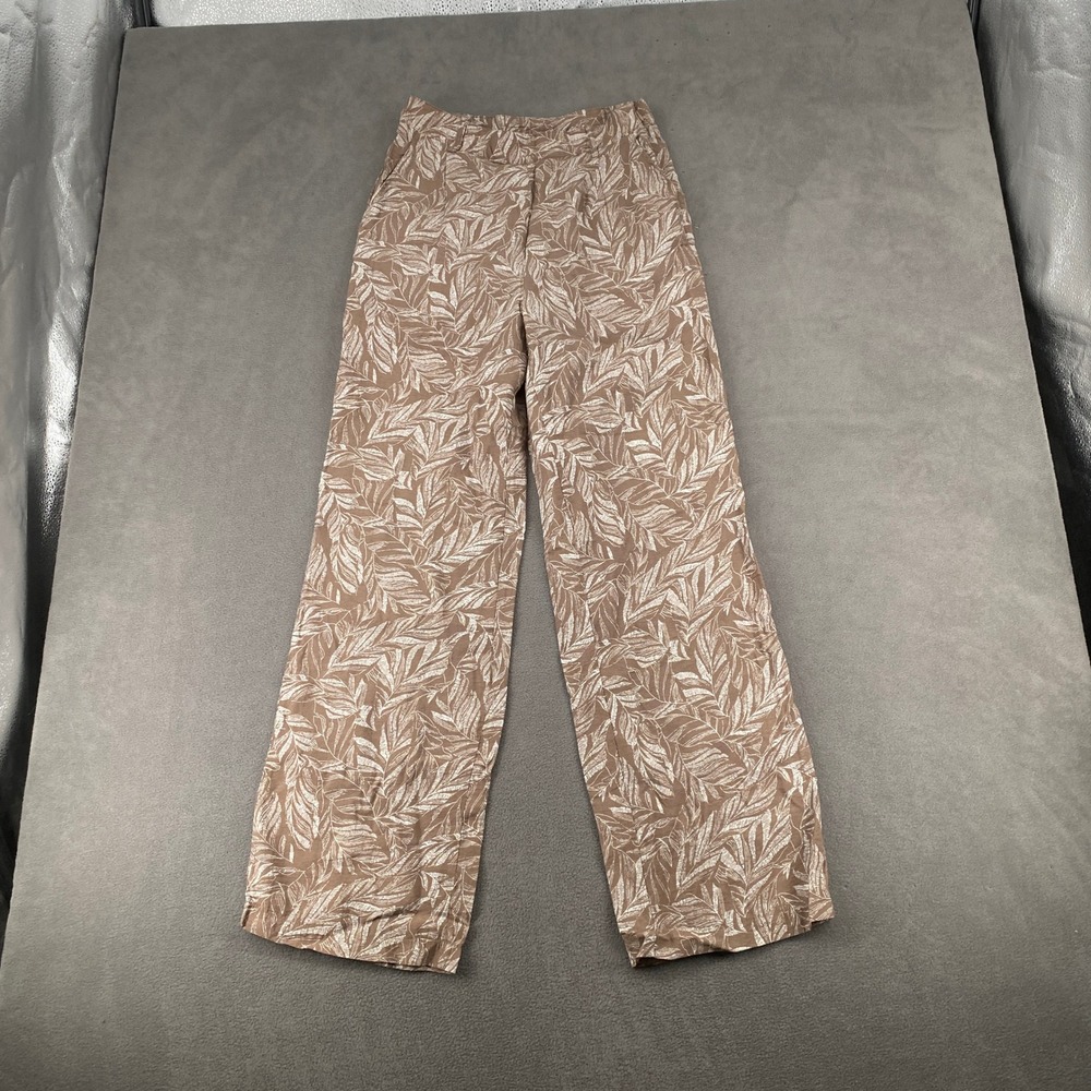 Womens Brown White Tropical Leaf Print Wide Leg High Waist Pants Side Pockets